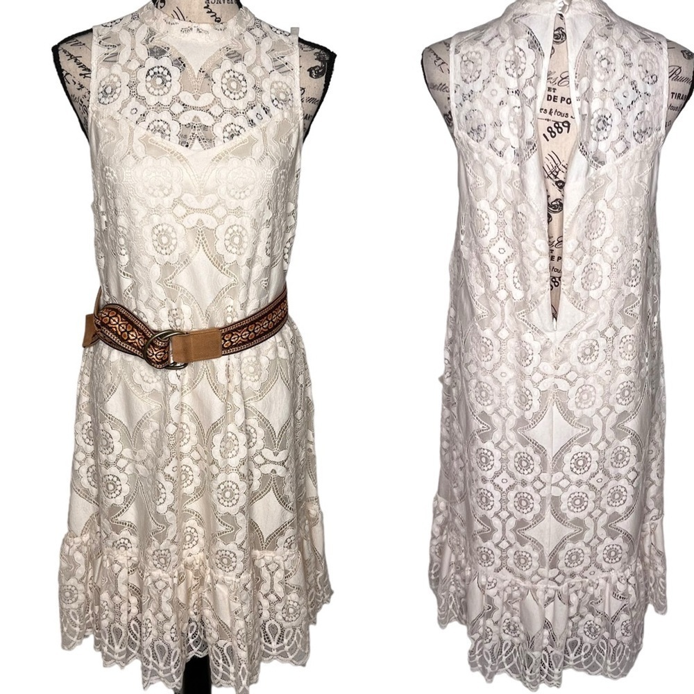 Anthropologie Floreat Ivory Manon Lace Sleeveless Overlay Dress Dress Size 4 - Picture 4 of 15